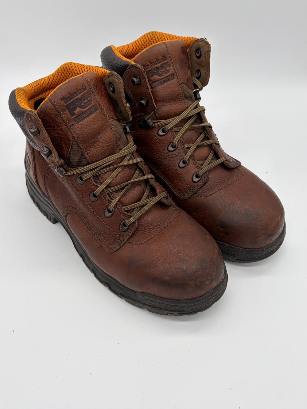 Timberland PRO Brown Leather Work Boots with Orange Lining